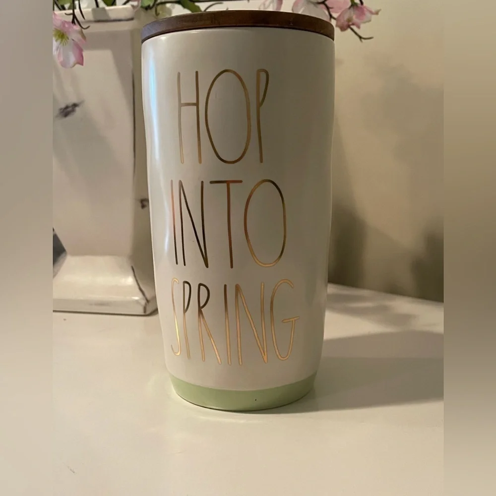 NWT, Rae Dunn, Ceramic Canister with wooden lid. “Hop Into Spring”
